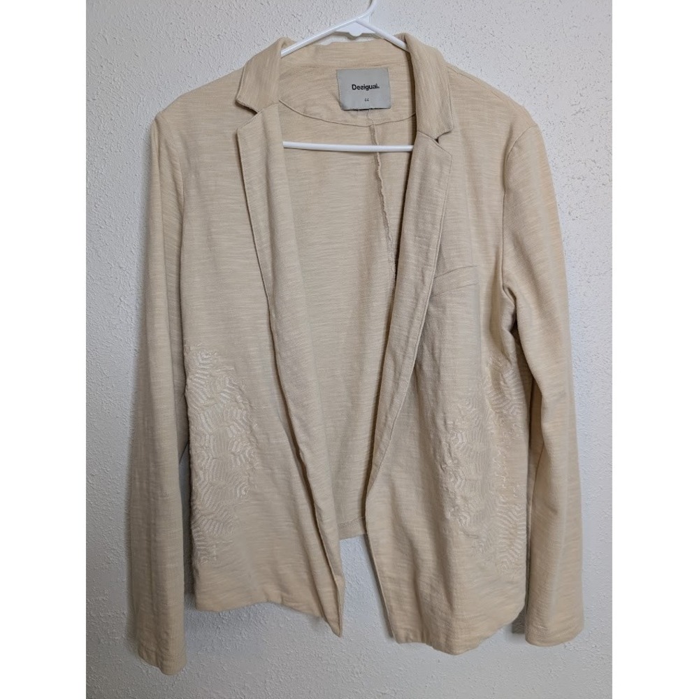 Desigual Womens Size 44 Embroidered Boho Tan Cream Jacket Blazer Cardigan